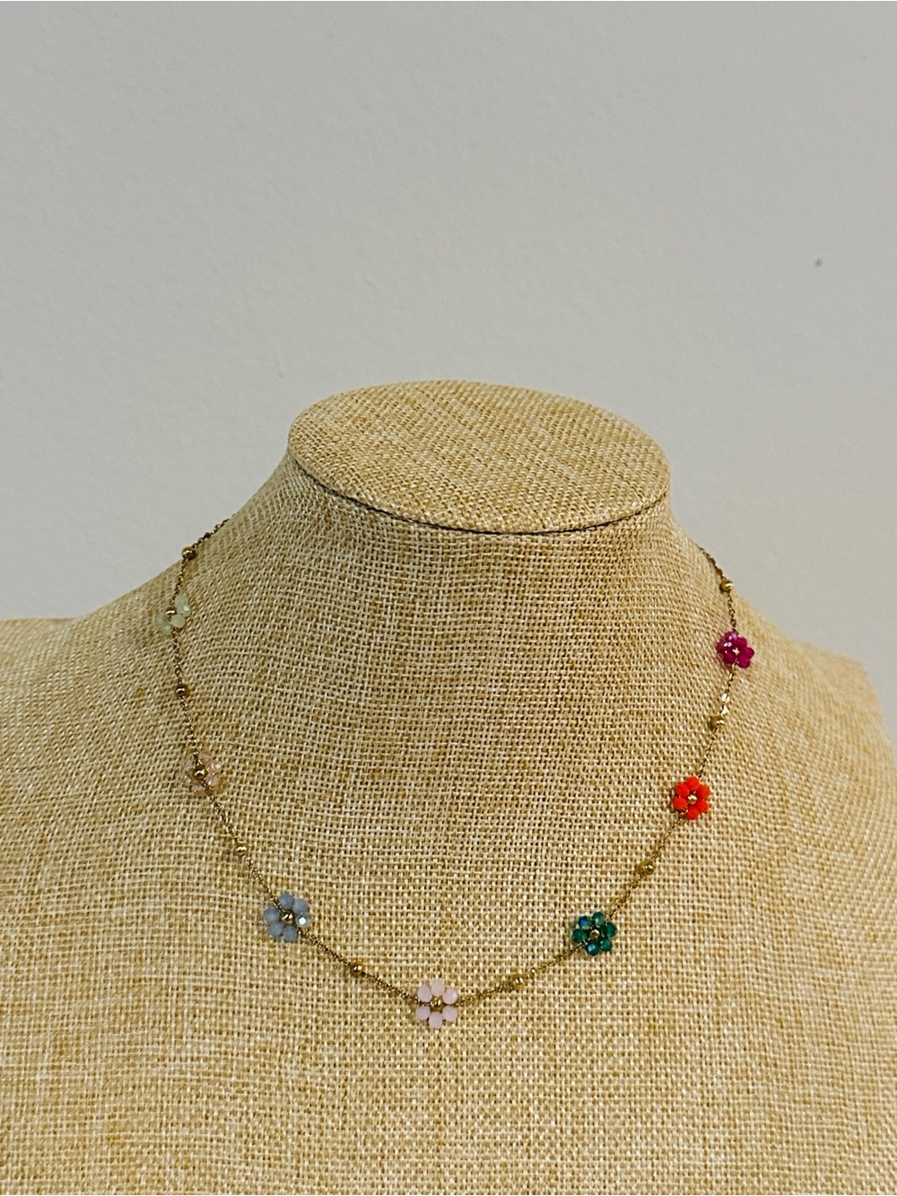 Fashion Jewelry Gold Flower Necklace with Pink, Red, Green, Blue & Cream Accents
